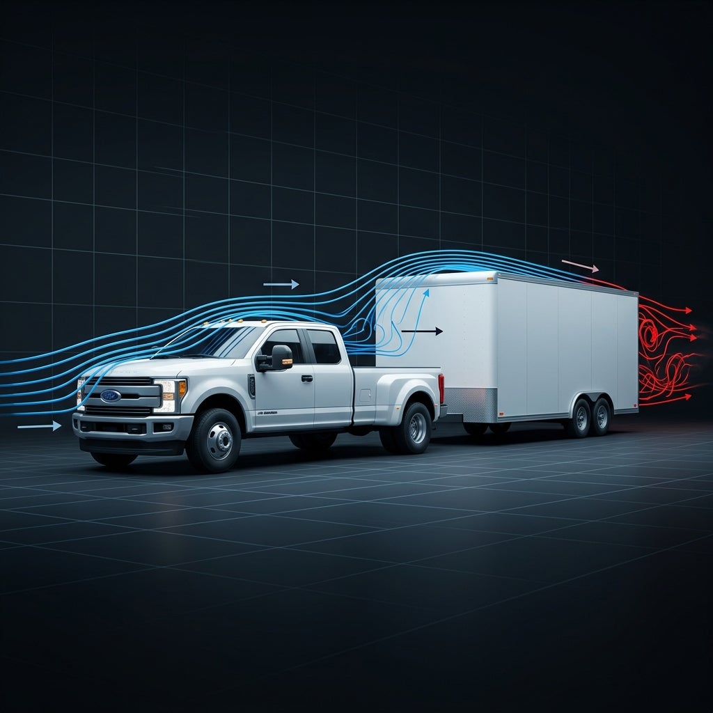White pickup truck towing a trailer in a wind tunnel simulation showing aerodynamic airflow lines. (Representative image for illustration purposes only. Actual vehicle may vary based on trim and configuration.)