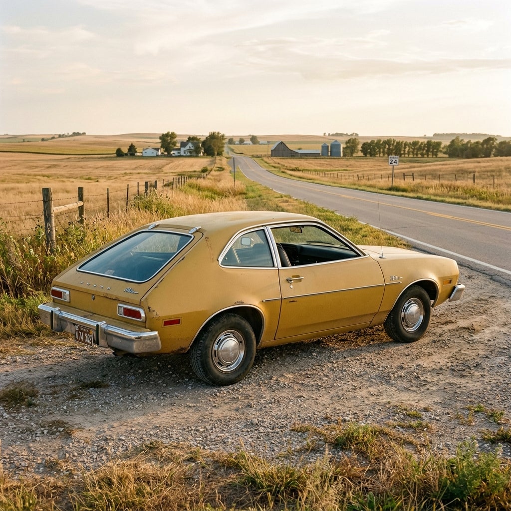 Vintage yellow Ford Pinto parked on a dirt shoulder along a rural paved road through golden wheat fields. (Representative image for illustration purposes only. Actual vehicle may vary based on trim and configuration.)