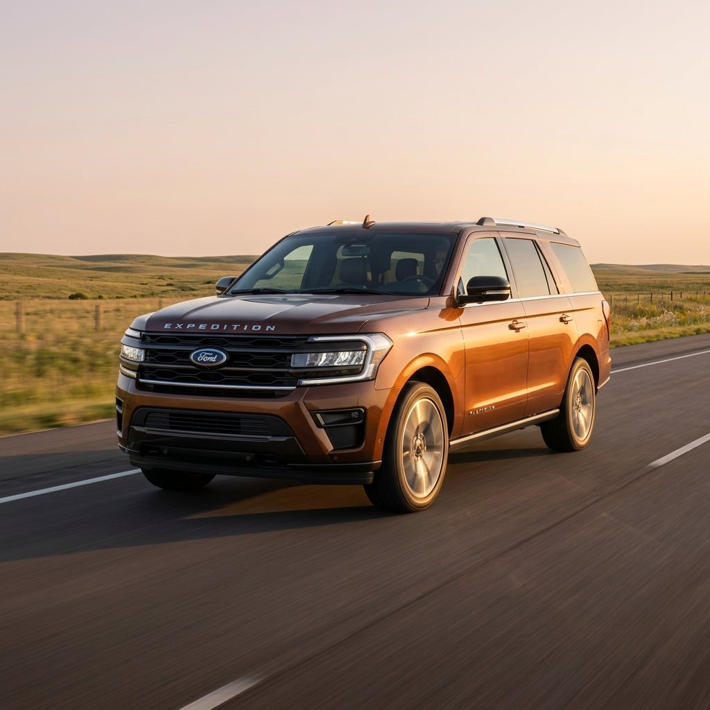 A bronze Ford Expedition SUV driving down a rural highway during golden hour. (Representative image for illustration purposes only. Actual vehicle may vary based on trim and configuration.)