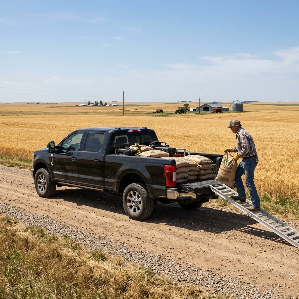 A farmer carrying a burlap sack down a metal ramp from the back of a black pickup truck on a dirt road. (Representative image for illustration purposes only. Actual vehicle may vary based on trim and configuration.)