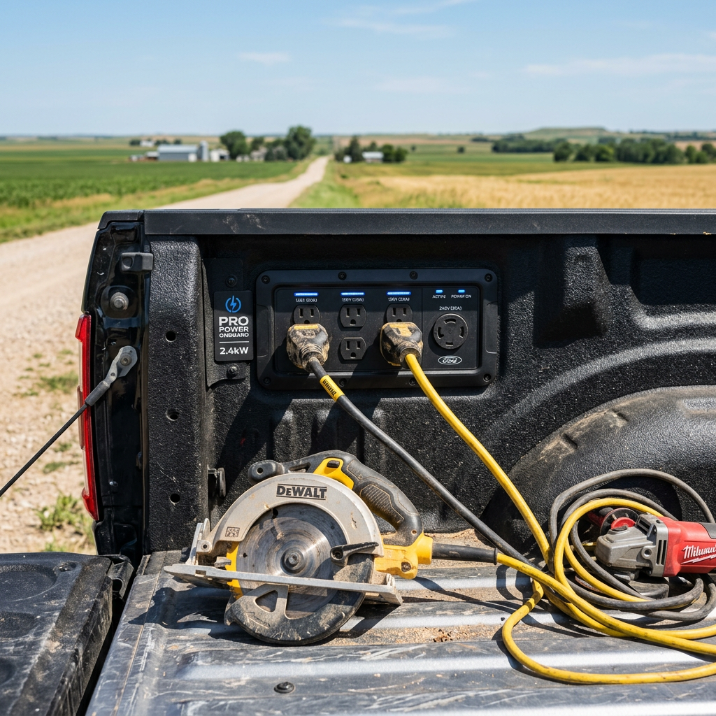 Power tools plugged into the Pro Power Onboard outlet in the bed of a pickup truck. (Representative image for illustration purposes only. Actual vehicle may vary based on trim and configuration.)