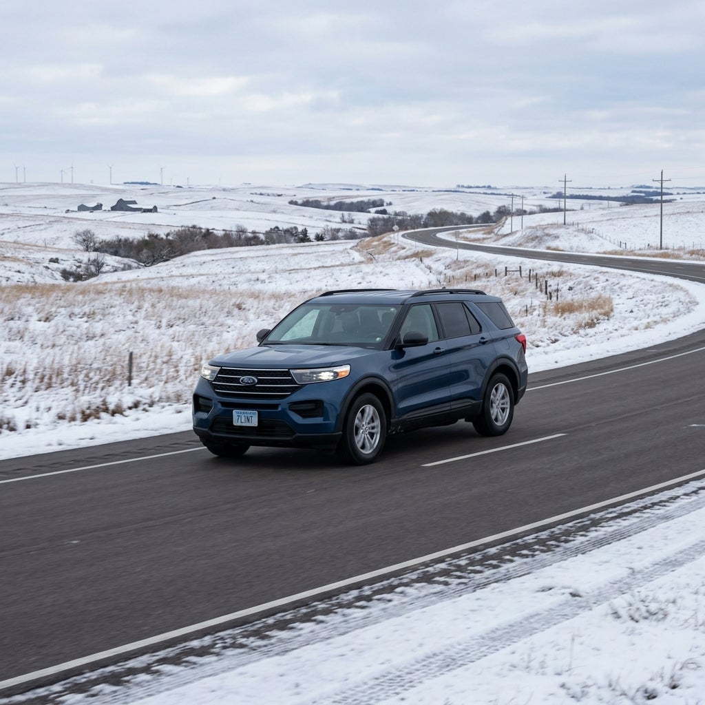 A dark blue Ford Explorer drives on a paved road through a snow-covered rural landscape. (Representative image for illustration purposes only. Actual vehicle may vary based on trim and configuration.)