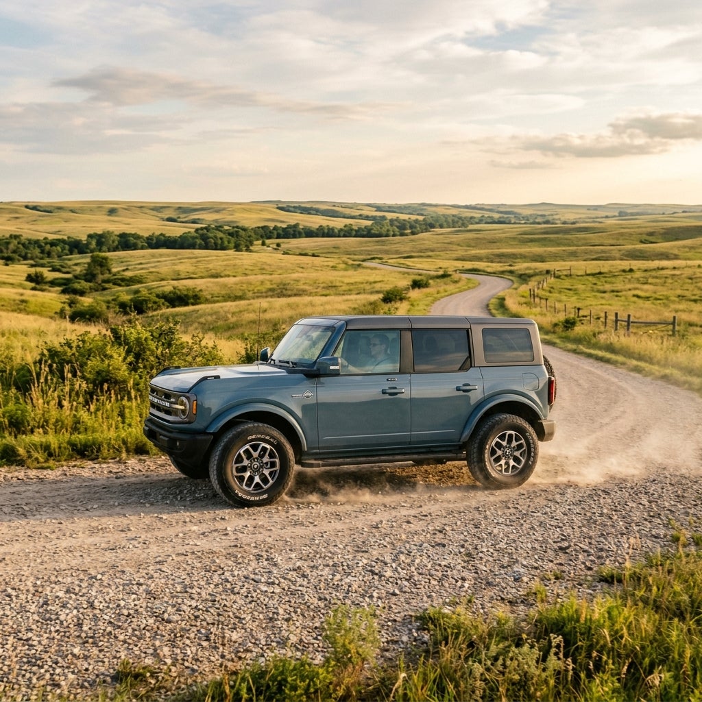 A blue Ford Bronco driving along a winding gravel road through rolling green countryside hills. (Representative image for illustration purposes only. Actual vehicle may vary based on trim and configuration.)