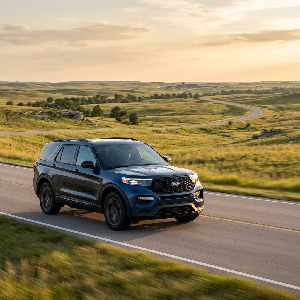Dark blue Ford Explorer SUV driving along a paved road through scenic green rolling hills at golden hour. (Representative image for illustration purposes only. Actual vehicle may vary based on trim and configuration.)