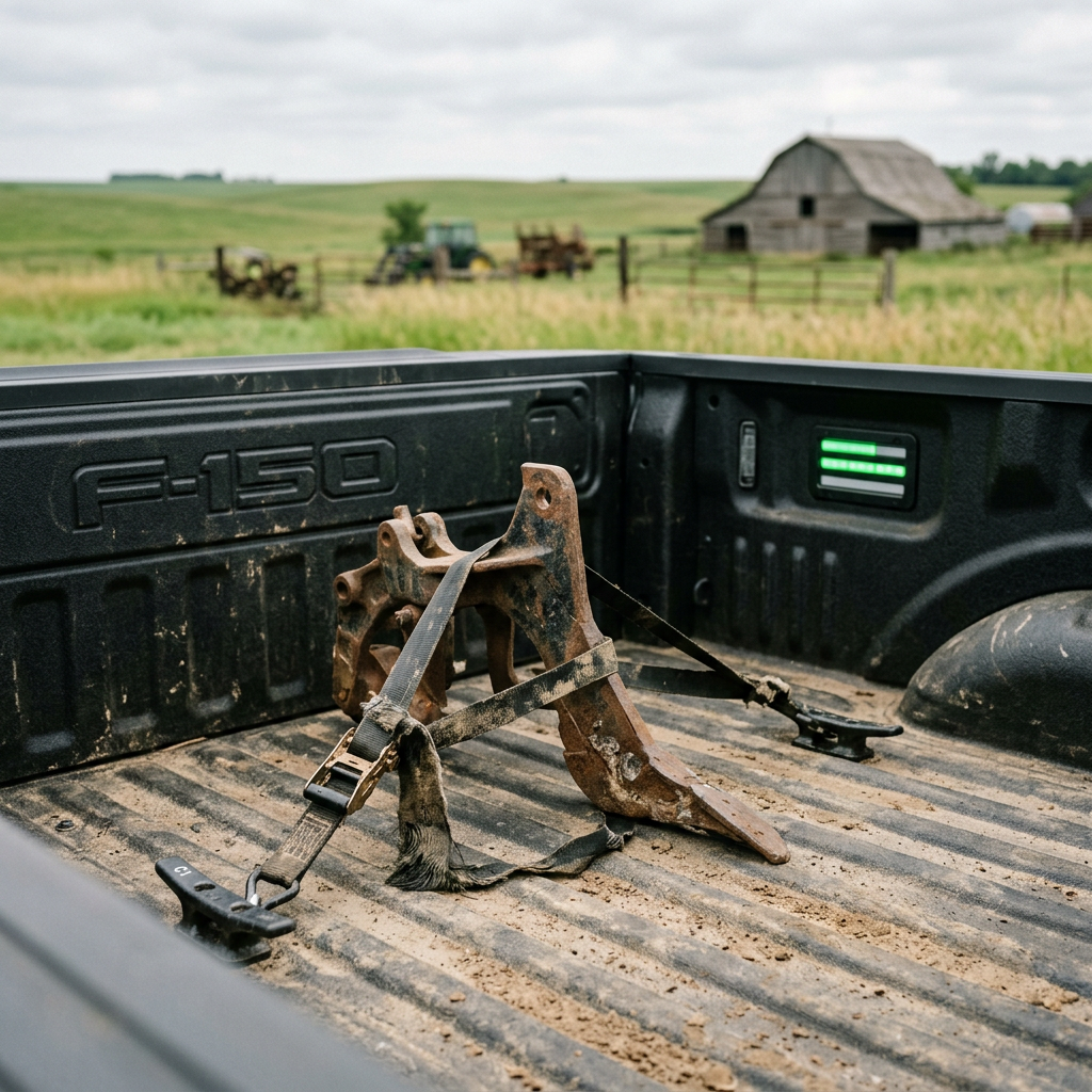 A heavy iron farm tool strapped down in the bed of a Ford F-150 truck, with a barn in the background. (Representative image for illustration purposes only. Actual vehicle may vary based on trim and configuration.)