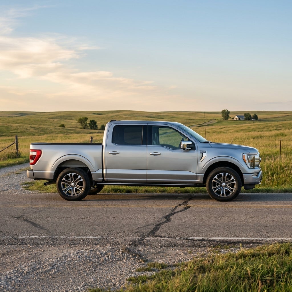 Side view of a silver Ford F-150 pickup truck parked on a country road with rolling hills in the background. (Representative image for illustration purposes only. Actual vehicle may vary based on trim and configuration.)