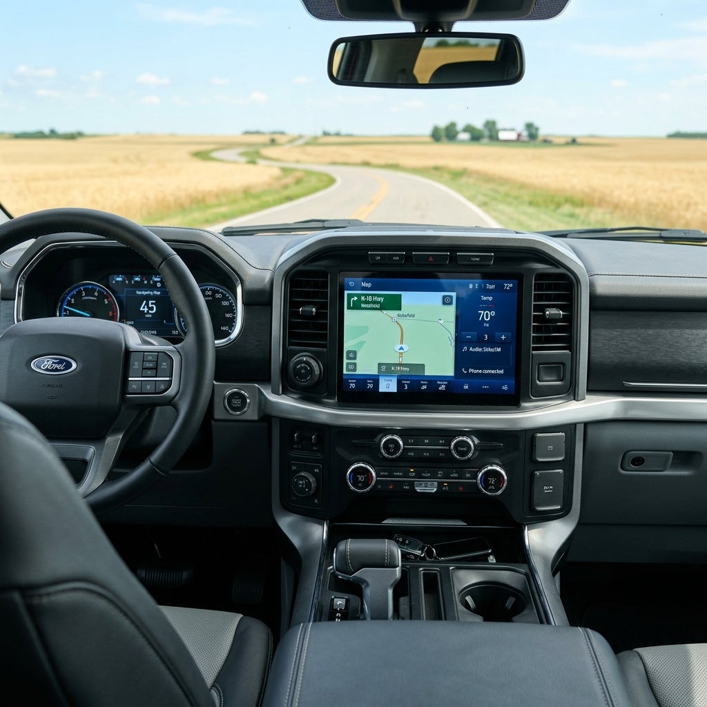 Driver's point of view inside a modern Ford truck cruising down a winding rural road through golden fields. (Representative image for illustration purposes only. Actual vehicle may vary based on trim and configuration.)