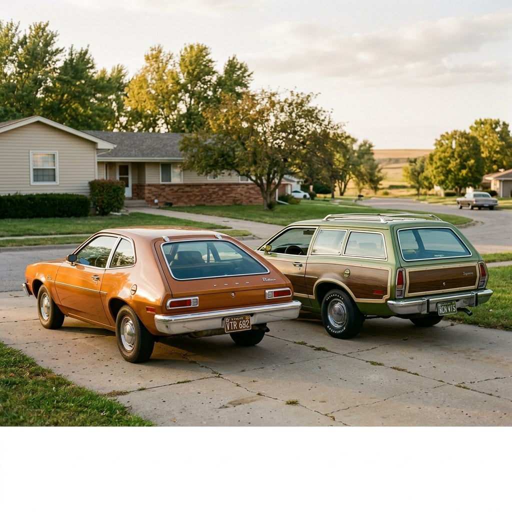 A vintage bronze Ford Pinto hatchback and a green Pinto Squire station wagon parked in a suburban driveway. (Representative image for illustration purposes only. Actual vehicle may vary based on trim and configuration.)