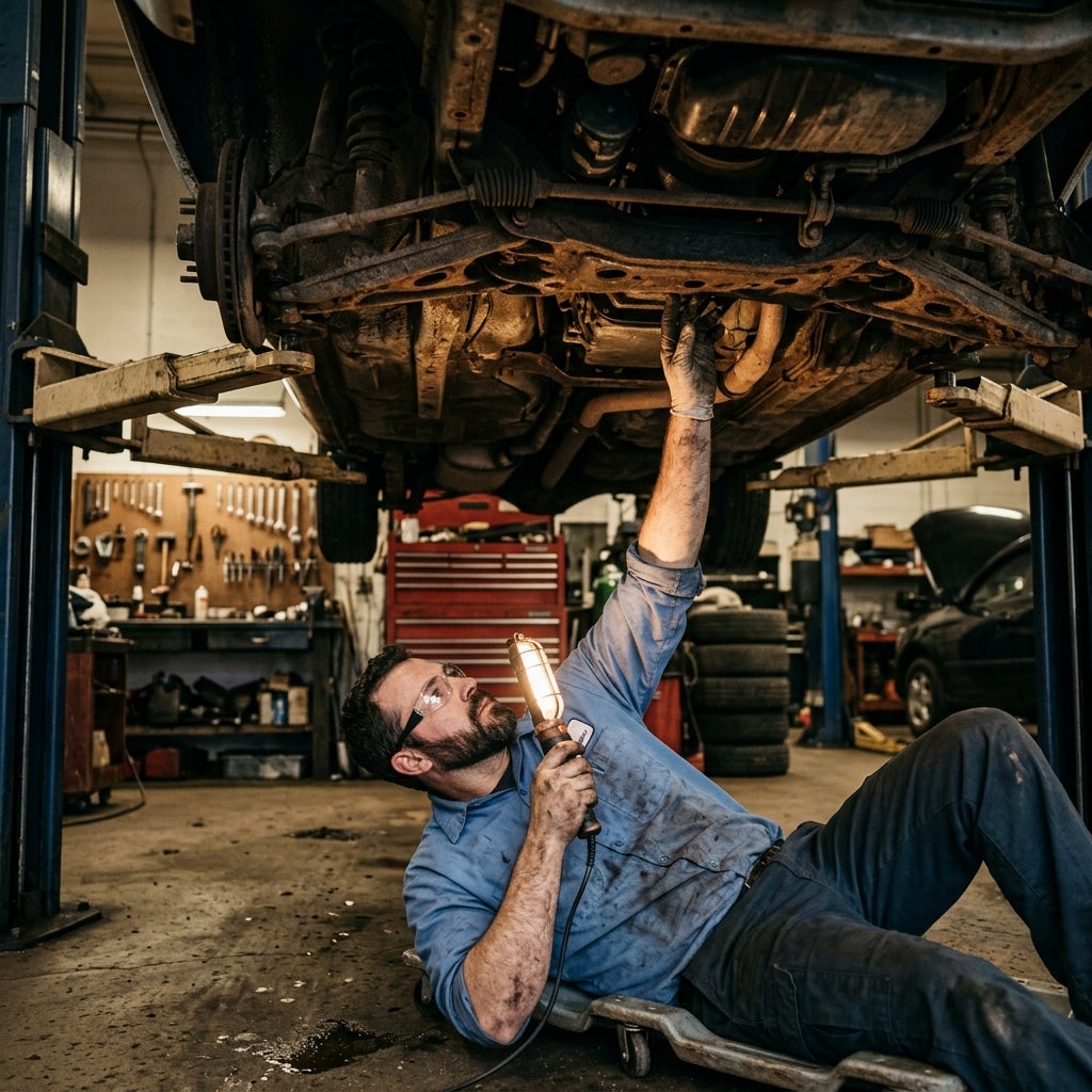 A mechanic lying on a creeper beneath a vehicle on a lift, holding a work light to inspect the undercarriage. (Representative image for illustration purposes only. Actual vehicle may vary based on trim and configuration.)