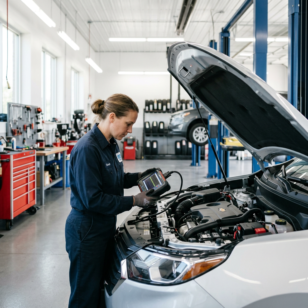 A female mechanic uses a diagnostic scanner on a car engine in a well-lit auto repair shop. (Representative image for illustration purposes only. Actual vehicle may vary based on trim and configuration.)