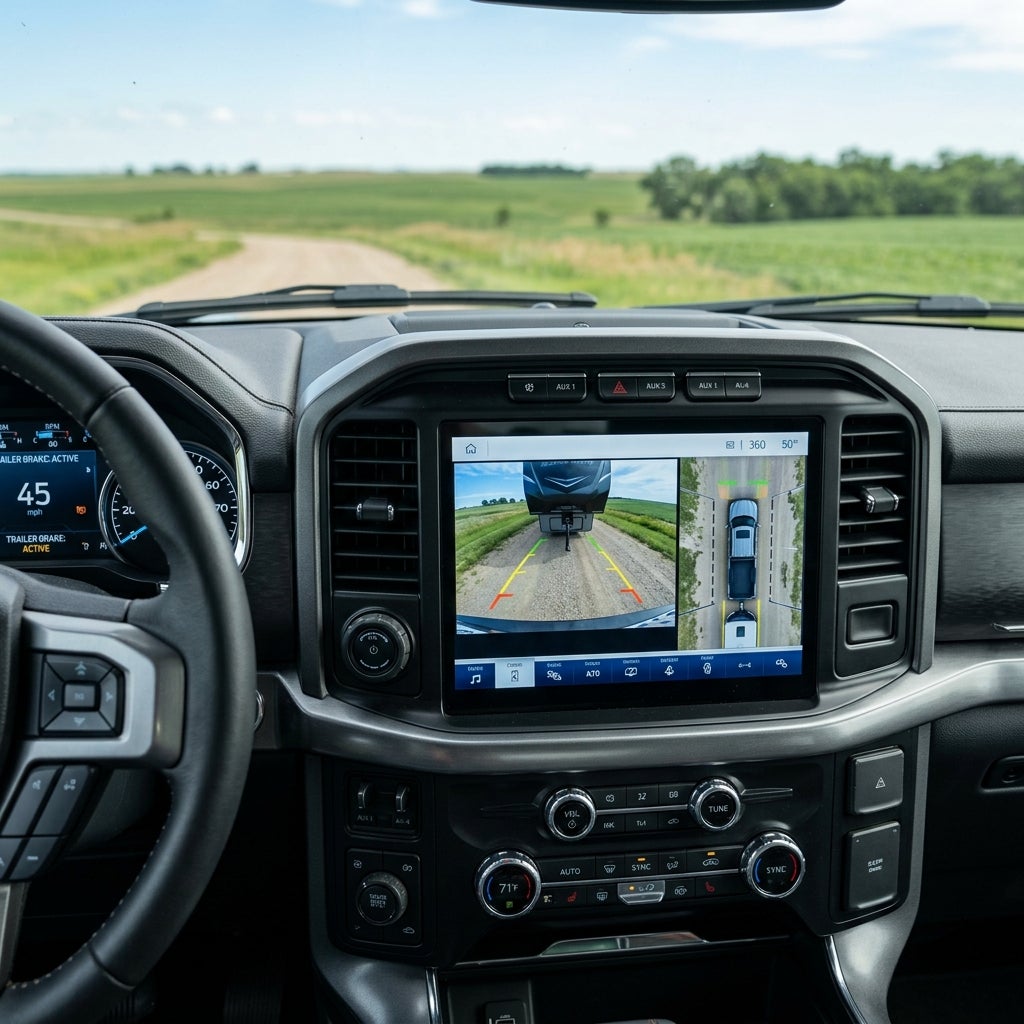 Dashboard view of a truck displaying split-screen trailer camera views on its central infotainment screen. (Representative image for illustration purposes only. Actual vehicle may vary based on trim and configuration.)