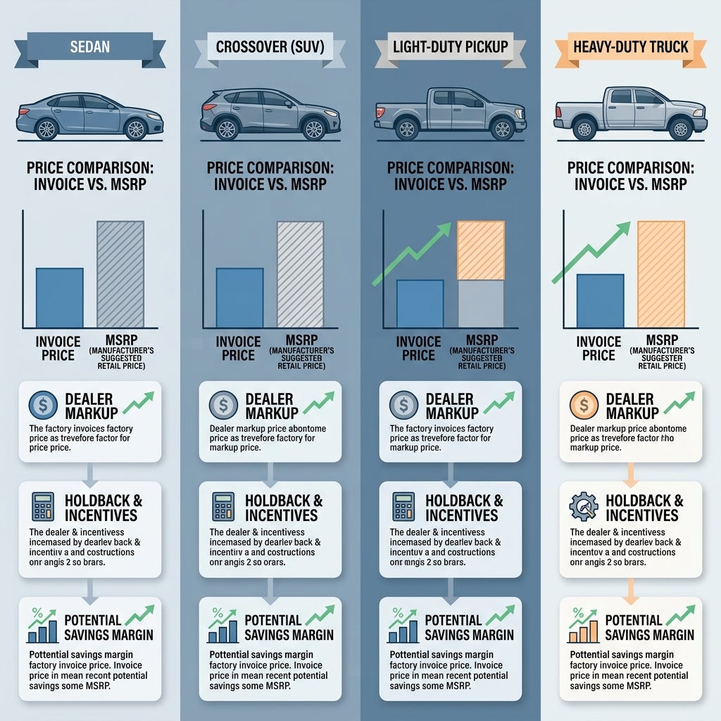 Infographic comparing car prices from invoice to MSRP across sedan, crossover, light-duty pickup, and heavy-duty truck. (Representative image for illustration purposes only. Actual vehicle may vary based on trim and configuration.)