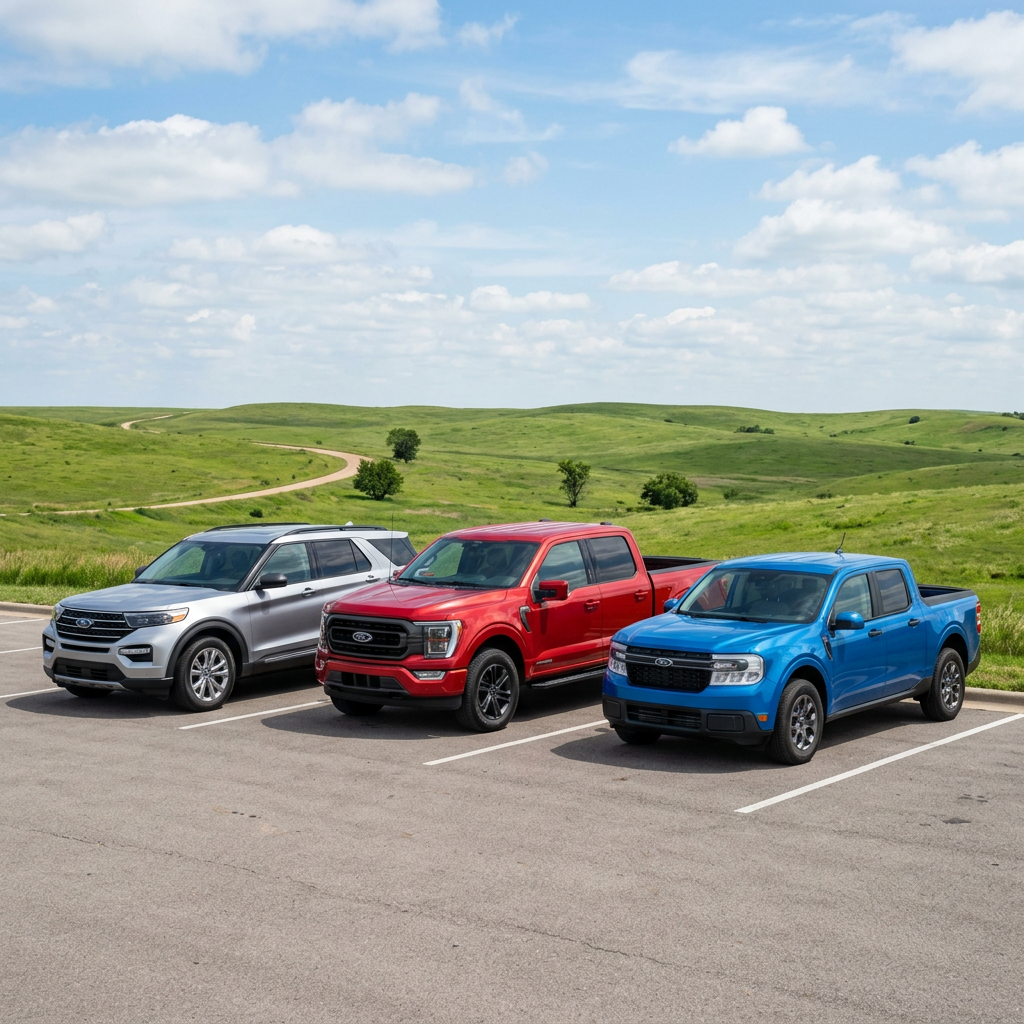 Three Ford vehicles parked in a paved lot with a scenic rolling green hill background. (Representative image for illustration purposes only. Actual vehicle may vary based on trim and configuration.)