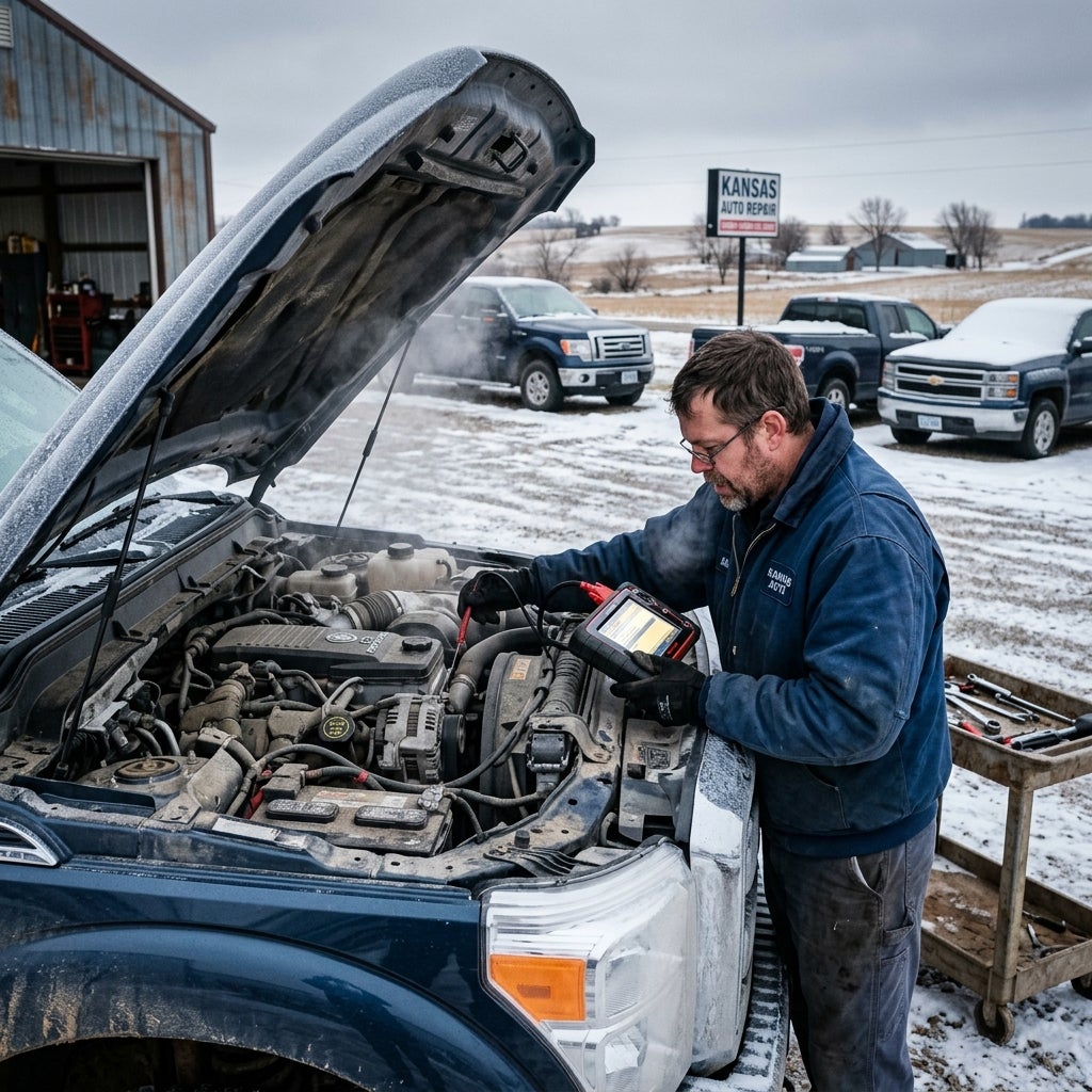 A mechanic inspecting a truck engine with a diagnostic scanner tool outdoors on a snowy day. (Representative image for illustration purposes only. Actual vehicle may vary based on trim and configuration.)