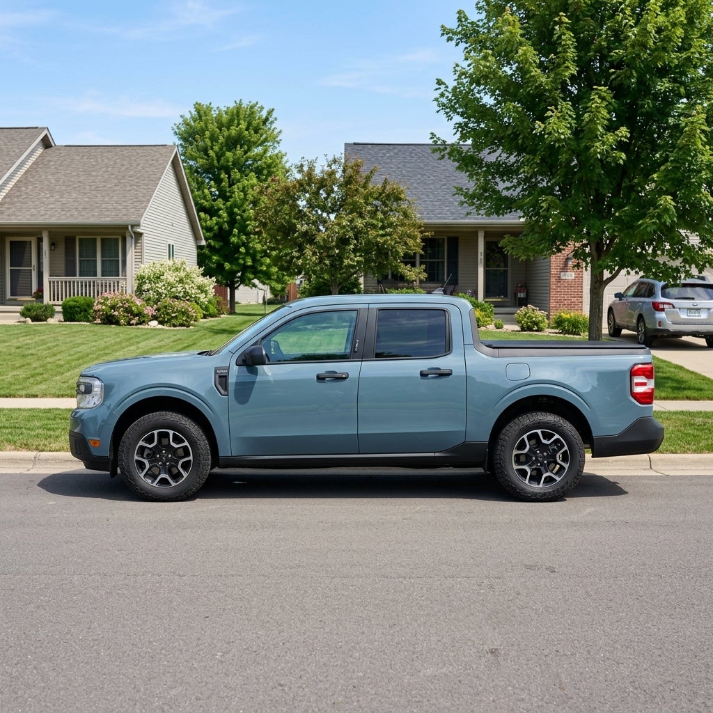 Profile view of a light blue Ford Maverick pickup truck parked along a suburban neighborhood street. (Representative image for illustration purposes only. Actual vehicle may vary based on trim and configuration.)