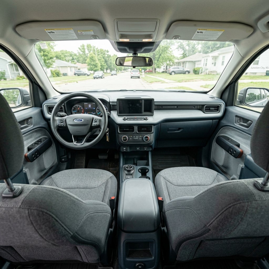 Modern interior of a Ford vehicle showing grey cloth seats, steering wheel, and dashboard looking out the windshield. (Representative image for illustration purposes only. Actual vehicle may vary based on trim and configuration.)