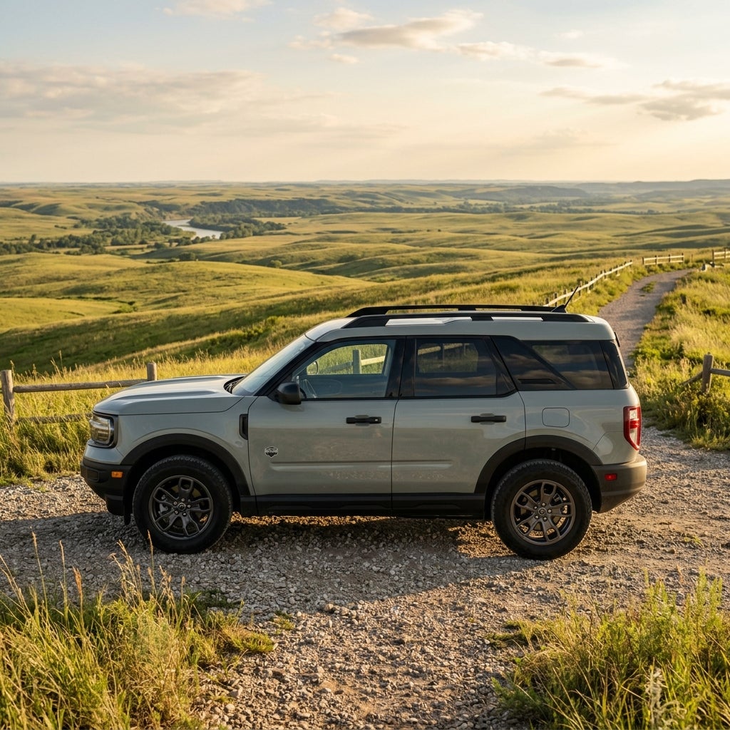 A light green SUV parked on a gravel trail overlooking expansive rolling green hills under a warm sunset sky. (Representative image for illustration purposes only. Actual vehicle may vary based on trim and configuration.)