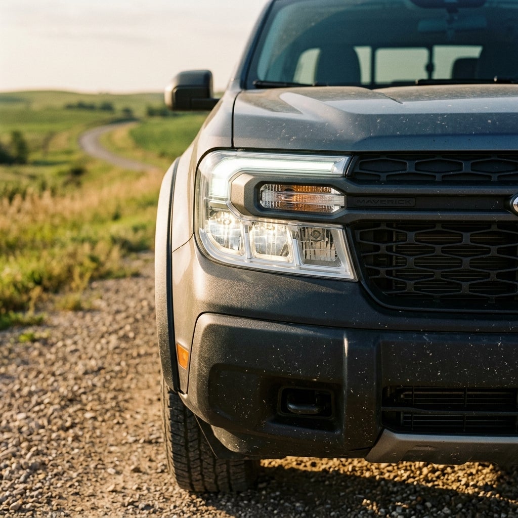 Front headlight and grille of a grey Ford Maverick truck parked on a gravel path with rolling hills behind. (Representative image for illustration purposes only. Actual vehicle may vary based on trim and configuration.)