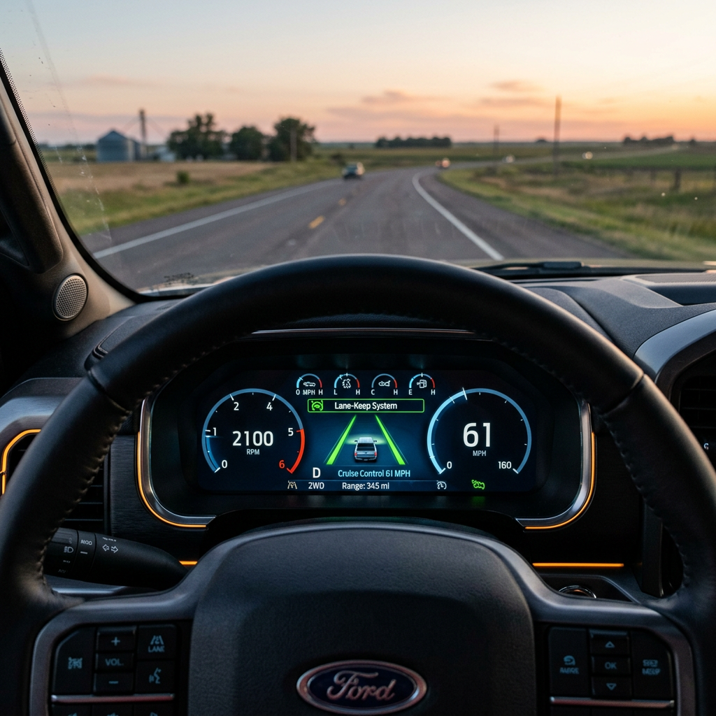 View from the driver's seat of a Ford vehicle driving on a rural road at sunset, focusing on the digital dashboard. (Representative image for illustration purposes only. Actual vehicle may vary based on trim and configuration.)