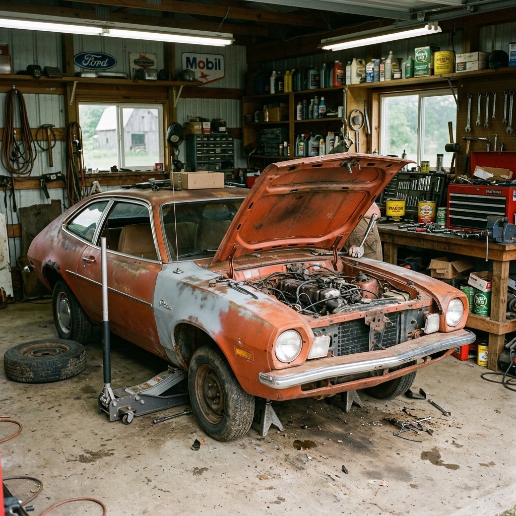 Vintage orange Ford Pinto undergoing repairs on jack stands inside a workshop filled with tools and auto signs. (Representative image for illustration purposes only. Actual vehicle may vary based on trim and configuration.)