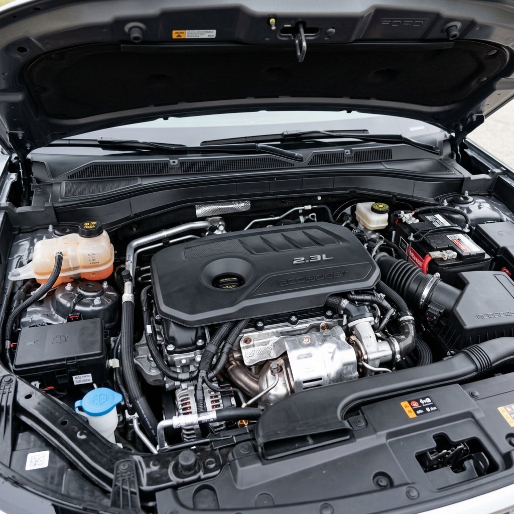 Open engine bay of a Ford vehicle featuring a clean 2.3L EcoBoost four-cylinder engine. (Representative image for illustration purposes only. Actual vehicle may vary based on trim and configuration.)
