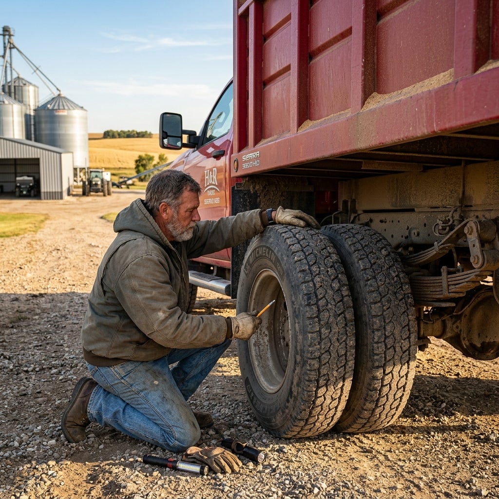 A farmer kneeling on a gravel driveway while checking the tire pressure on a red truck's rear wheels. (Representative image for illustration purposes only. Actual vehicle may vary based on trim and configuration.)