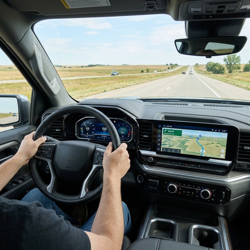 Driver's hands on a steering wheel while traveling down an open rural highway with digital dashboard navigation visible. (Representative image for illustration purposes only. Actual vehicle may vary based on trim and configuration.)