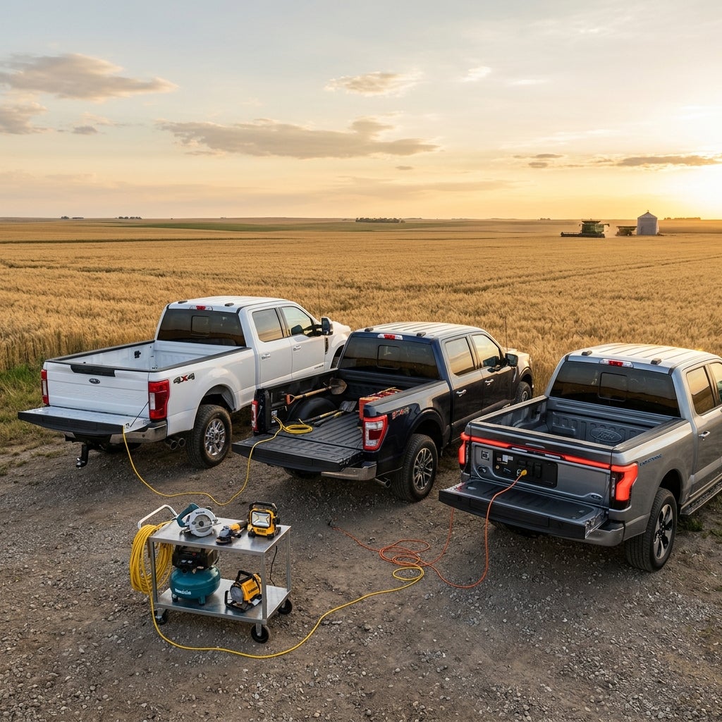 Three Ford pickup trucks parked near a wheat field at sunset, powering construction tools from their truck beds. (Representative image for illustration purposes only. Actual vehicle may vary based on trim and configuration.)