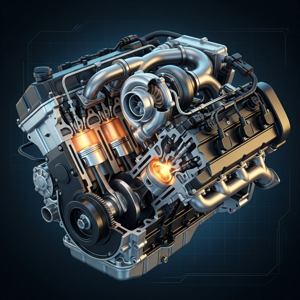 Detailed 3D cutaway of a turbocharged internal combustion engine showing glowing combustion chambers and pistons. (Representative image for illustration purposes only. Actual vehicle may vary based on trim and configuration.)