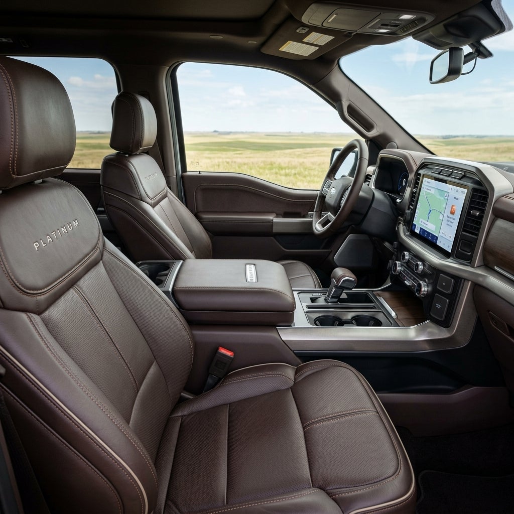 Luxury brown leather interior of a truck featuring Platinum trim seats, digital dashboard, and center console. (Representative image for illustration purposes only. Actual vehicle may vary based on trim and configuration.)