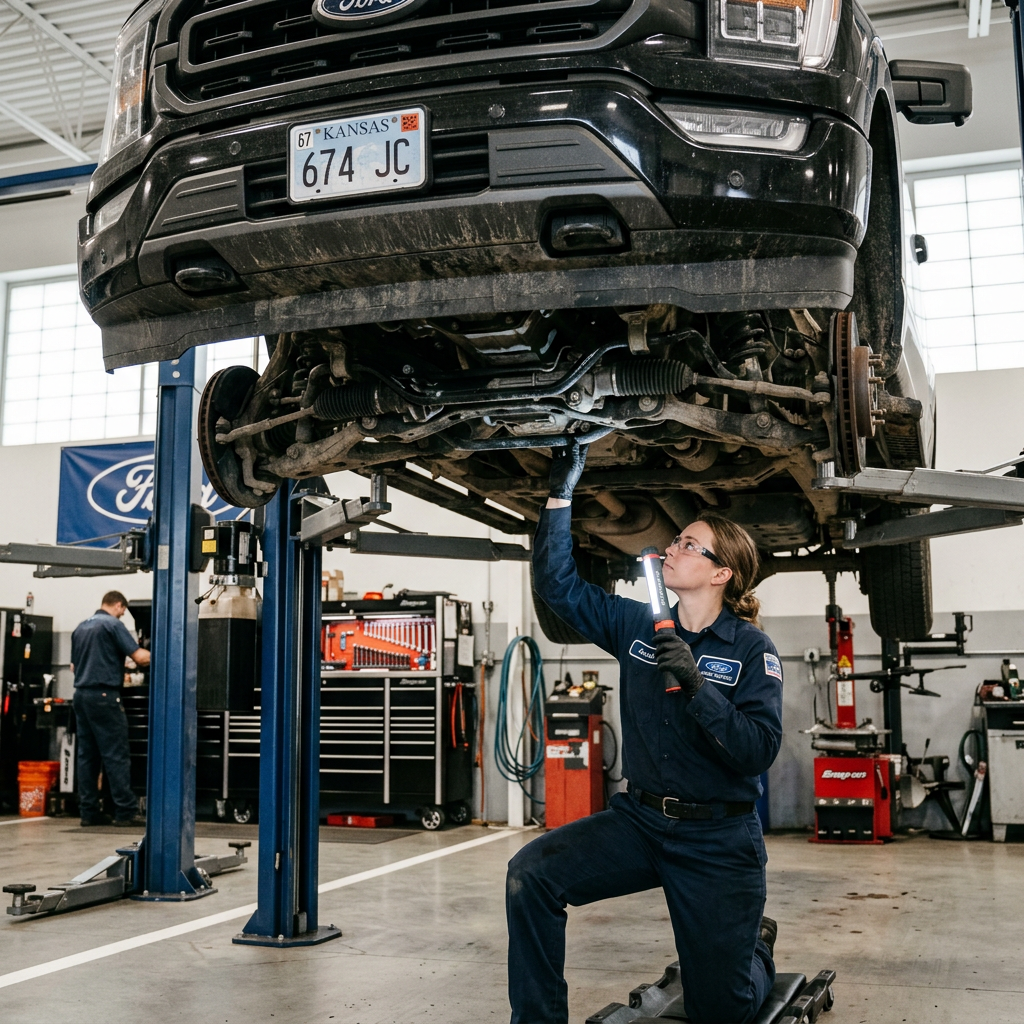 A female mechanic inspects the undercarriage of a black Ford truck raised on a hydraulic lift in an auto shop. (Representative image for illustration purposes only. Actual vehicle may vary based on trim and configuration.)