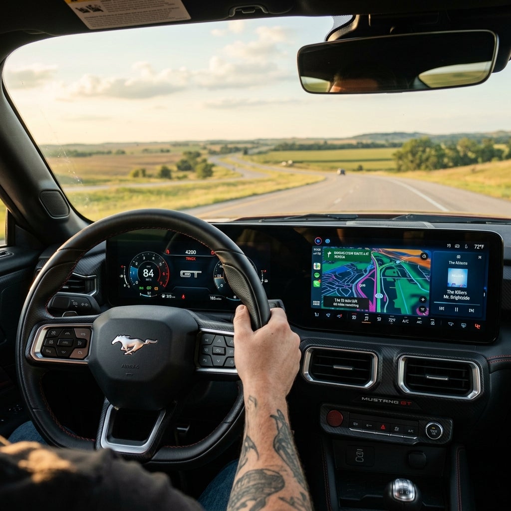 Driver's perspective inside a Ford Mustang GT showing digital dashboard screens and an open rural highway ahead. (Representative image for illustration purposes only. Actual vehicle may vary based on trim and configuration.)