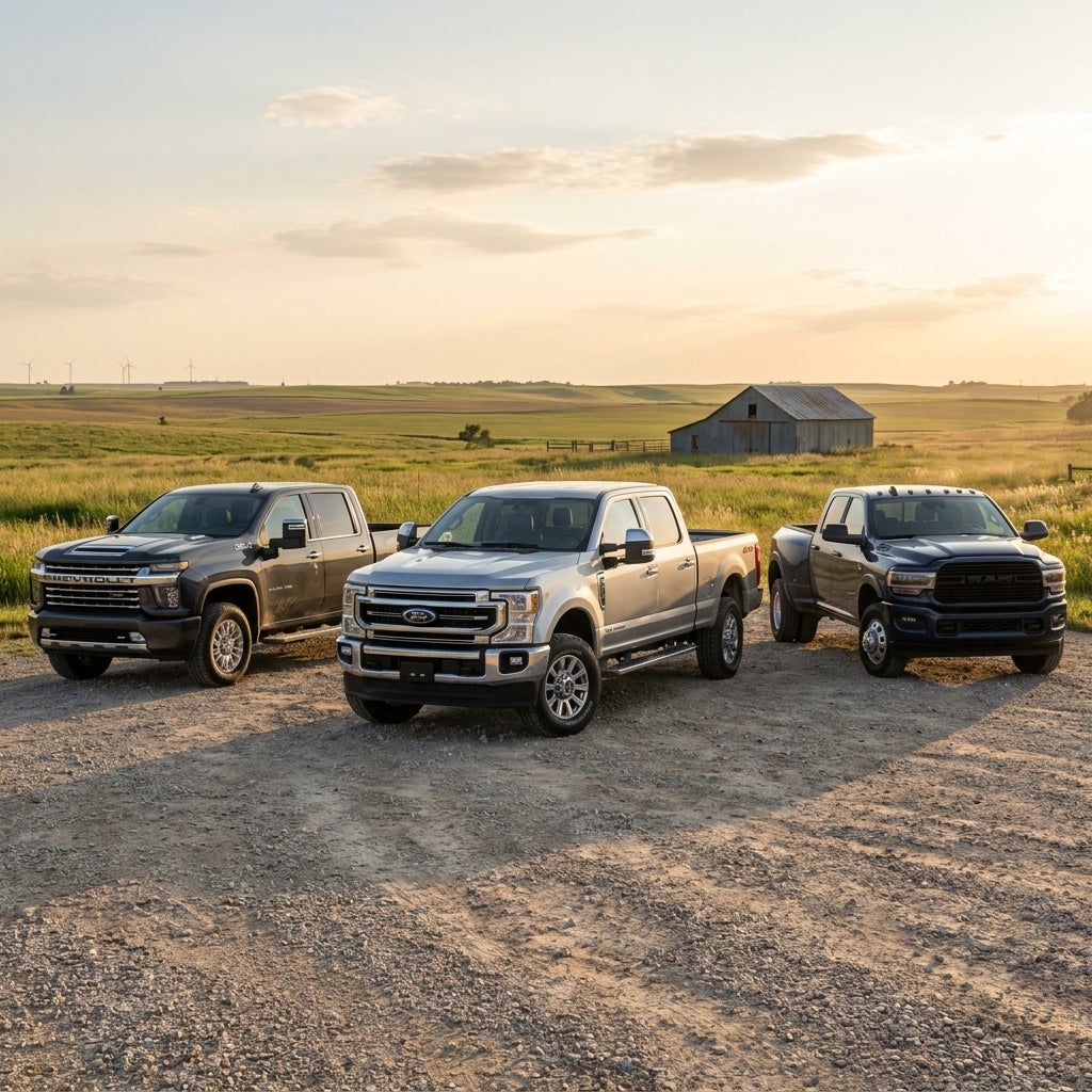 Three modern pickup trucks—Chevy, Ford, and Ram—parked on a dirt road in front of a rural field at sunset. (Representative image for illustration purposes only. Actual vehicle may vary based on trim and configuration.)