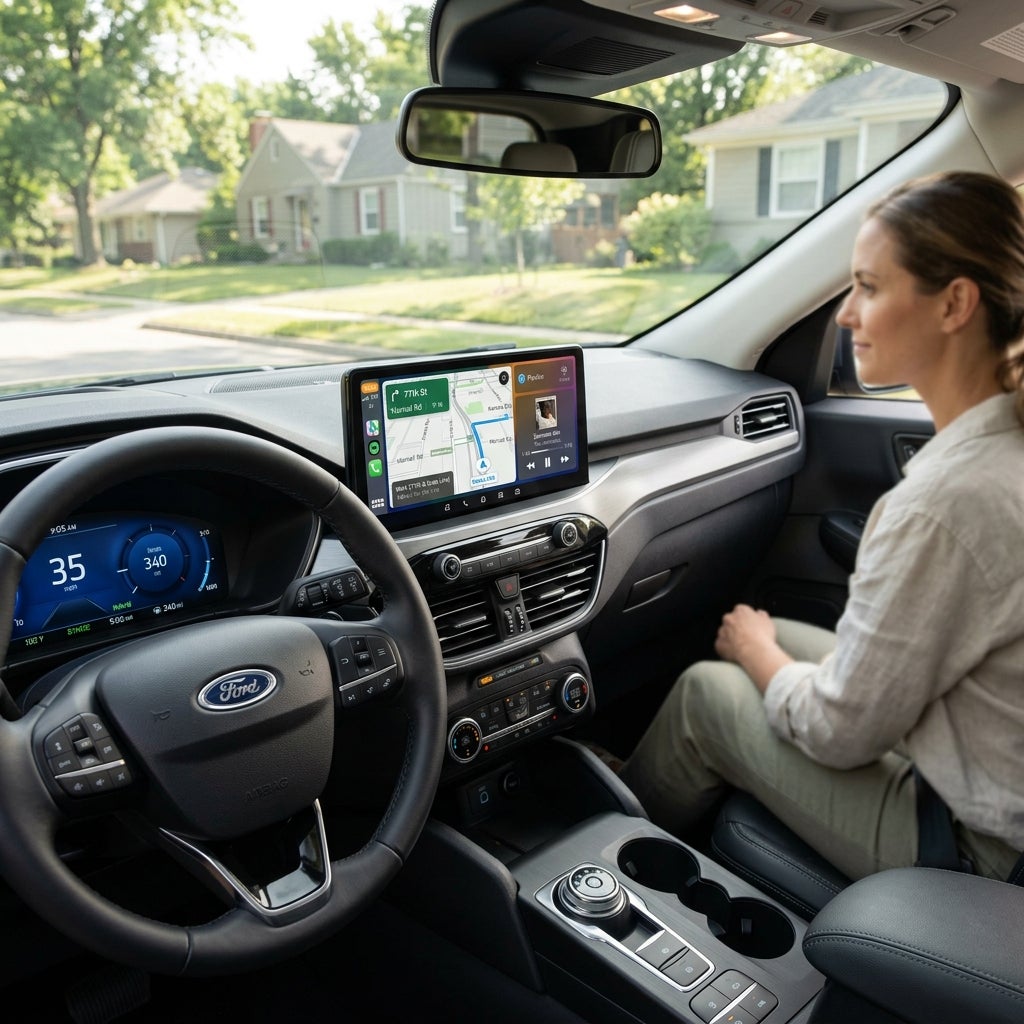 Interior view of a modern Ford vehicle showing digital dashboard, navigation screen, and front passenger. (Representative image for illustration purposes only. Actual vehicle may vary based on trim and configuration.)