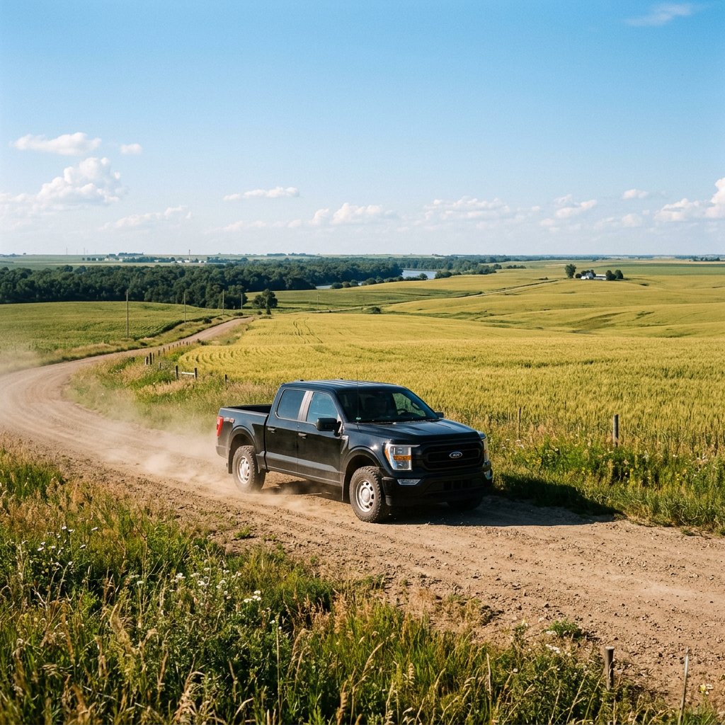 A black pickup truck driving down a dirt road through rolling green and yellow hills. (Representative image for illustration purposes only. Actual vehicle may vary based on trim and configuration.)