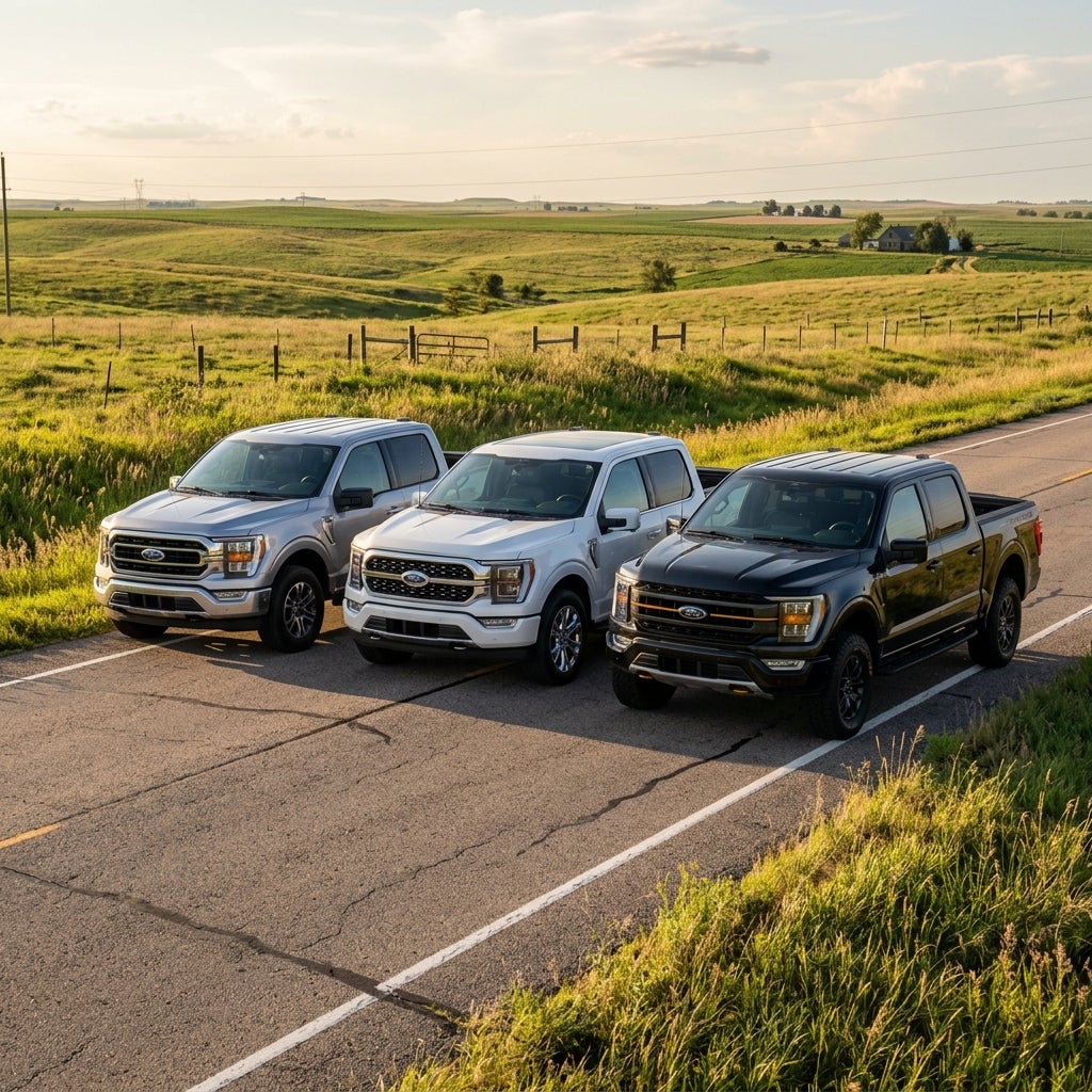 Three Ford F-150 pickup trucks in silver, white, and black parked side-by-side on a country road at sunset. (Representative image for illustration purposes only. Actual vehicle may vary based on trim and configuration.)