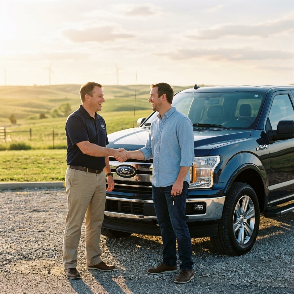Two men shake hands in front of a blue Ford F-150 pickup truck in a rural landscape. (Representative image for illustration purposes only. Actual vehicle may vary based on trim and configuration.)