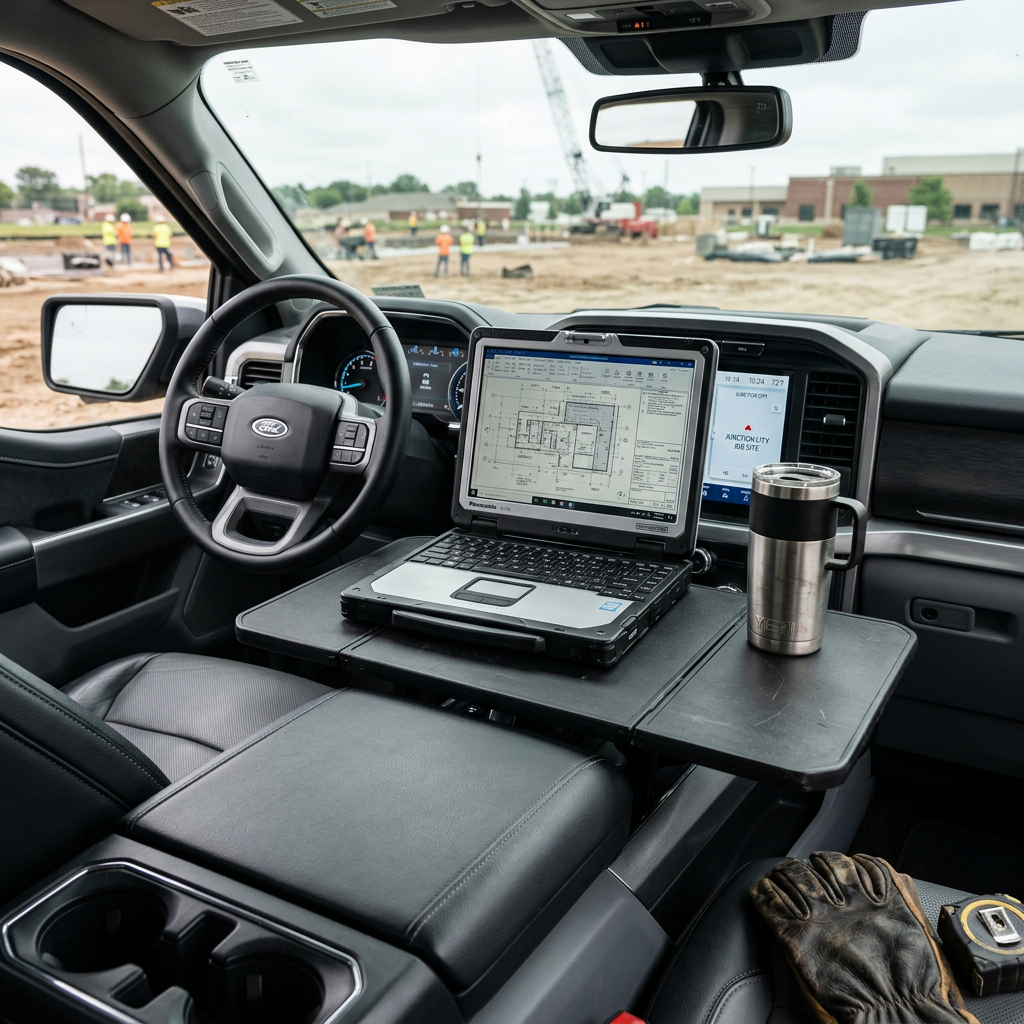 Interior of a Ford truck set up as a mobile office with a laptop displaying blueprints on a console workspace. (Representative image for illustration purposes only. Actual vehicle may vary based on trim and configuration.)