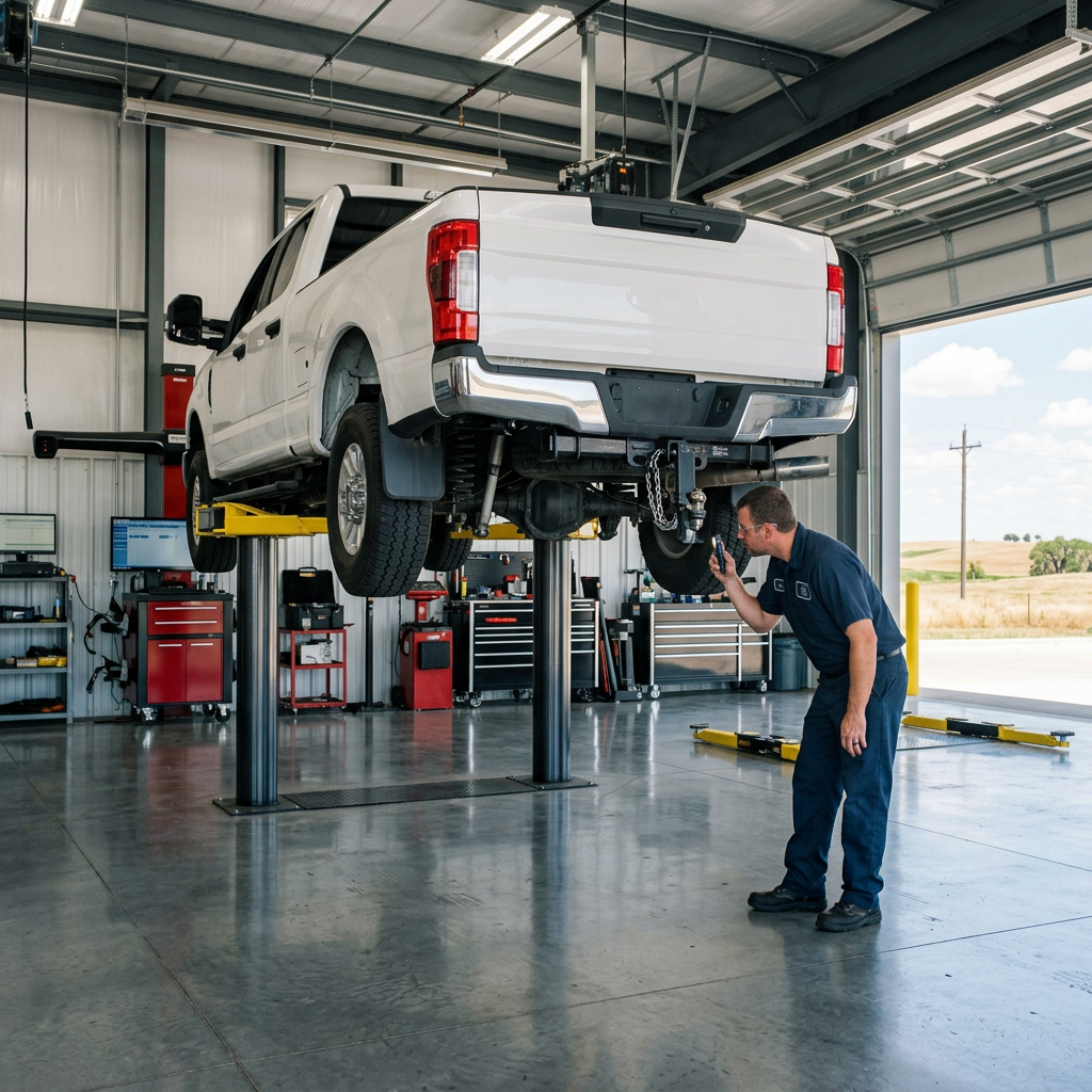 A mechanic in a blue uniform inspects the undercarriage of a white pickup truck raised on a hydraulic lift in a garage. (Representative image for illustration purposes only. Actual vehicle may vary based on trim and configuration.)