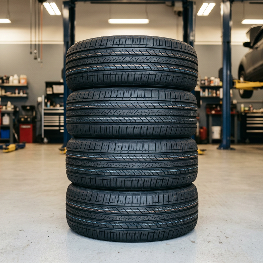 A stack of four brand new black car tires standing vertically in an auto repair shop. (Representative image for illustration purposes only. Actual vehicle may vary based on trim and configuration.)