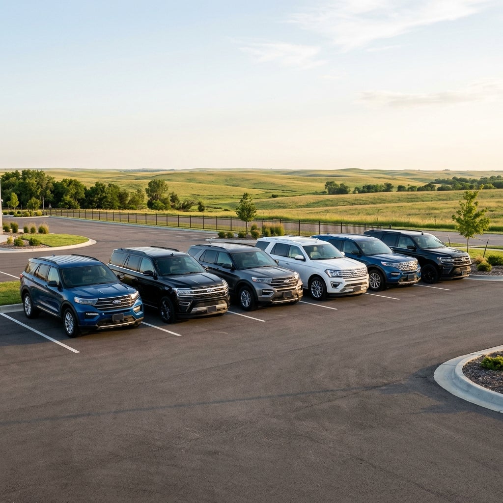Six Ford SUVs parked in a neat row in an open parking lot overlooking rolling green hills. (Representative image for illustration purposes only. Actual vehicle may vary based on trim and configuration.)