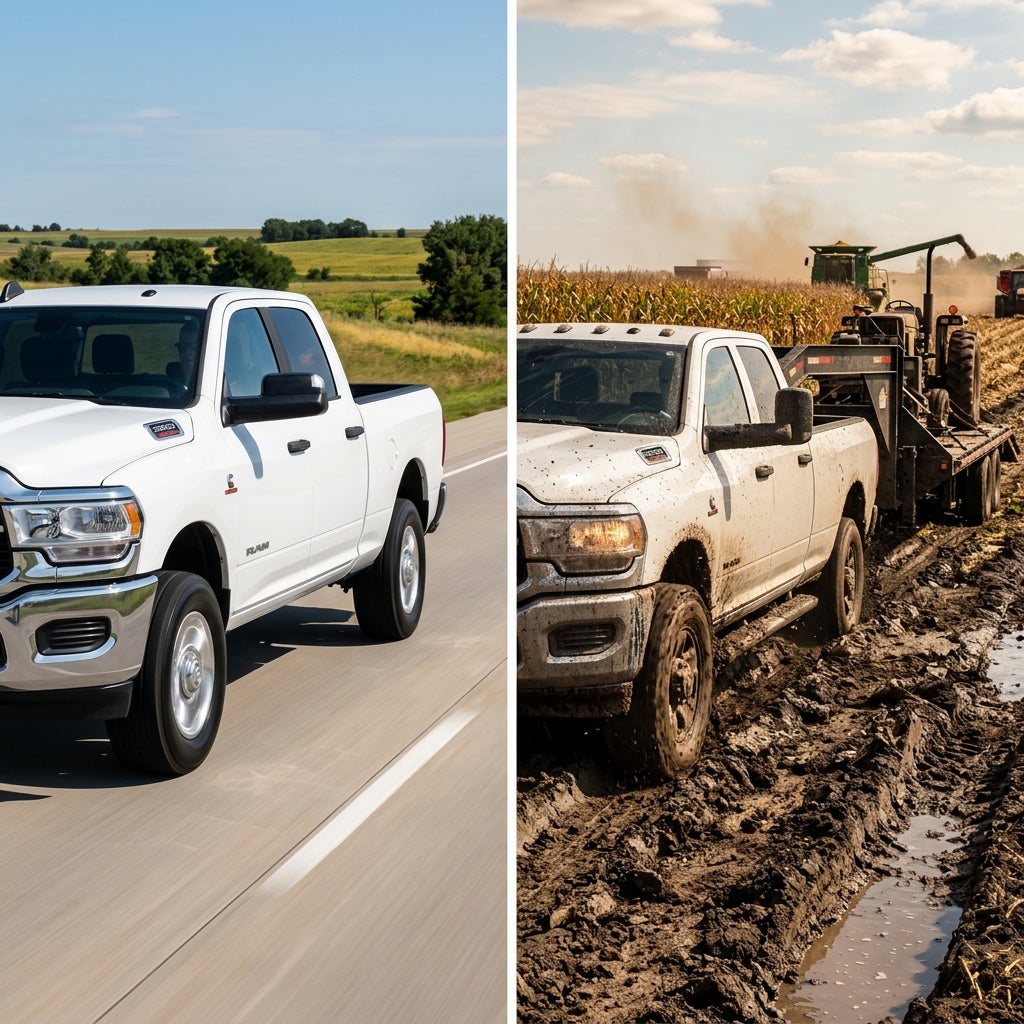 Side-by-side comparison of a clean white Ram pickup truck on a highway and a muddy one pulling a trailer on a farm. (Representative image for illustration purposes only. Actual vehicle may vary based on trim and configuration.)