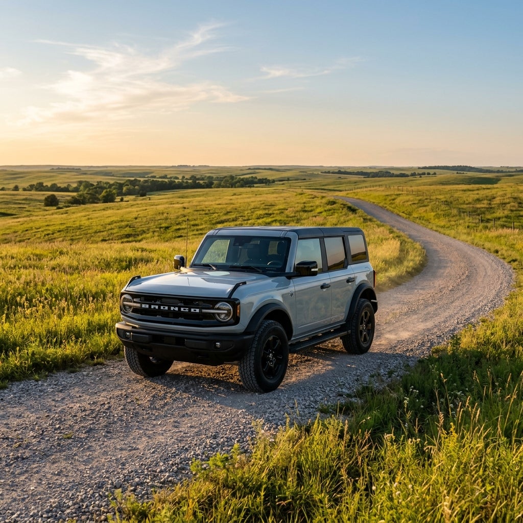 Light blue Ford Bronco driving on a dirt road through rolling green countryside at sunset. (Representative image for illustration purposes only. Actual vehicle may vary based on trim and configuration.)