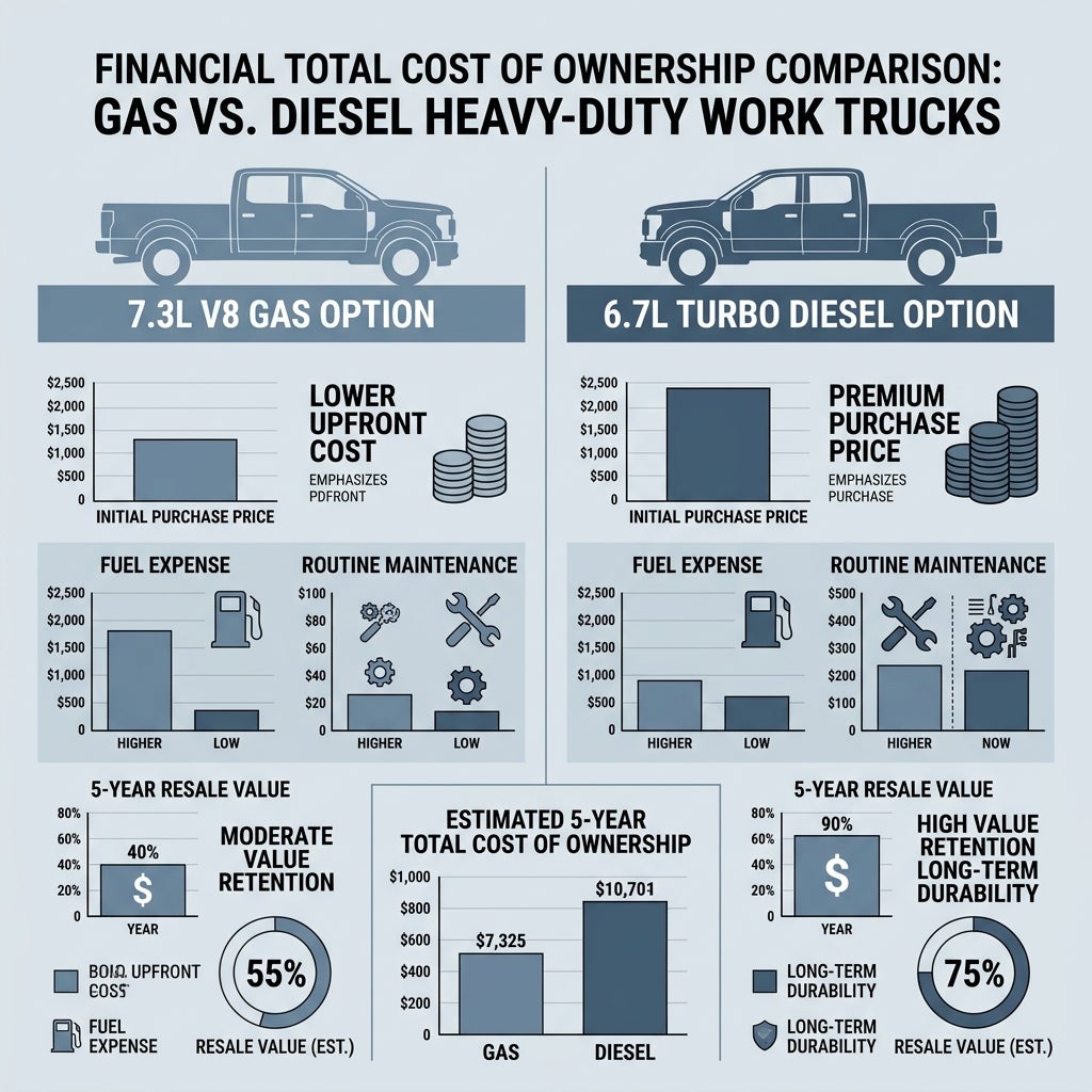 Infographic comparing 5-year total ownership costs between 7.3L gas and 6.7L diesel heavy-duty work trucks. (Representative image for illustration purposes only. Actual vehicle may vary based on trim and configuration.)