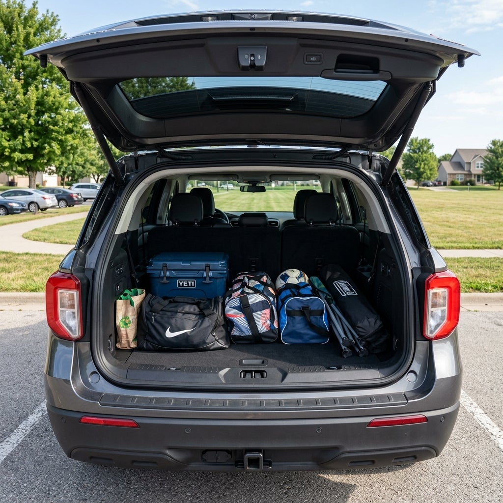 Open trunk of a grey SUV packed with a Yeti cooler, Nike duffel bags, a soccer ball, and folding lawn chairs. (Representative image for illustration purposes only. Actual vehicle may vary based on trim and configuration.)