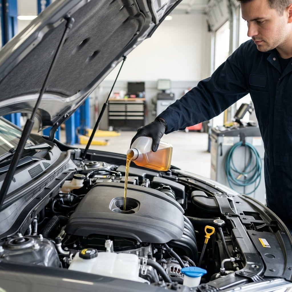 Mechanic wearing black gloves pouring clean amber motor oil into an open car engine inside an auto shop. (Representative image for illustration purposes only. Actual vehicle may vary based on trim and configuration.)