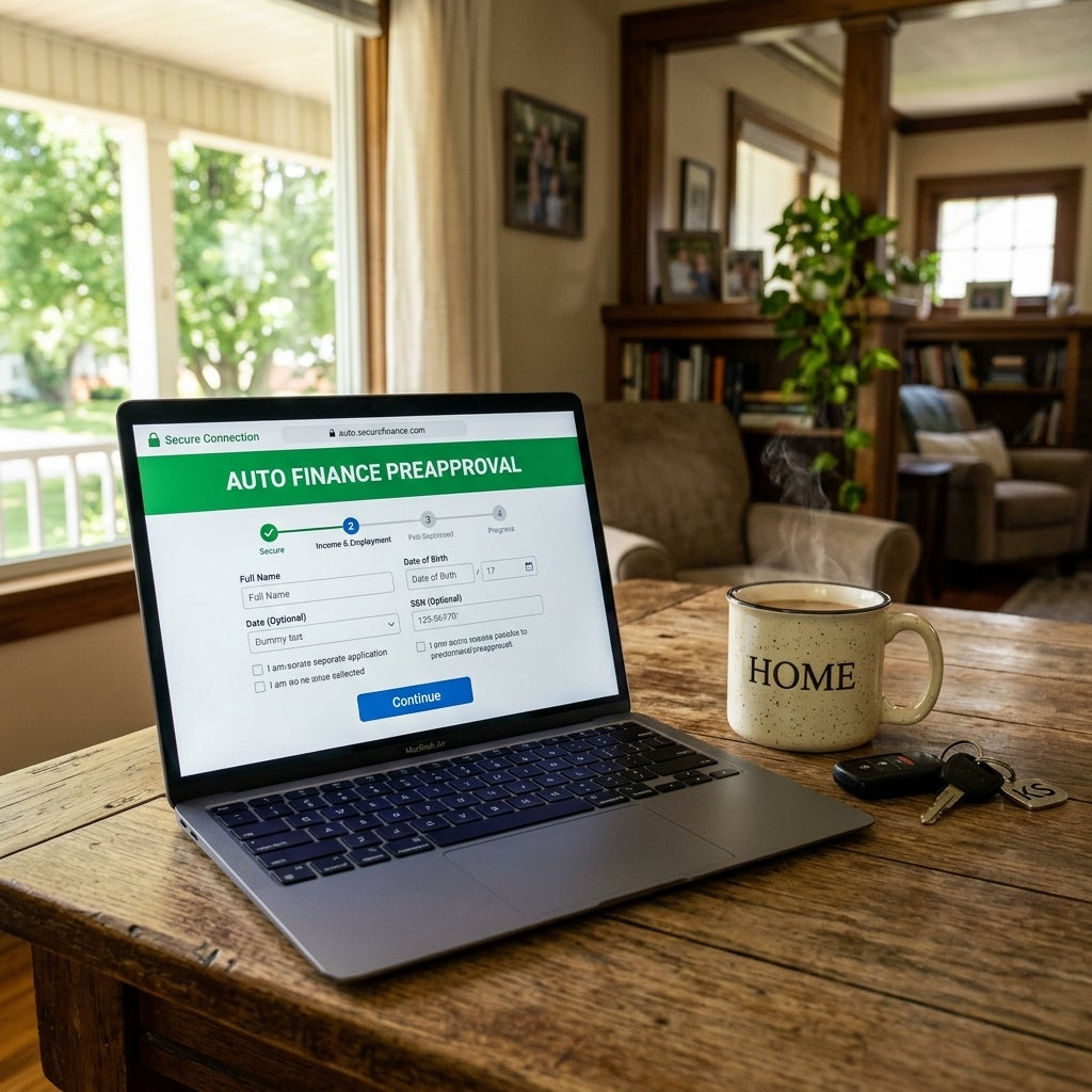 Laptop displaying an auto finance preapproval form next to a steaming mug of coffee and car keys on a wooden table. (Representative image for illustration purposes only. Actual vehicle may vary based on trim and configuration.)