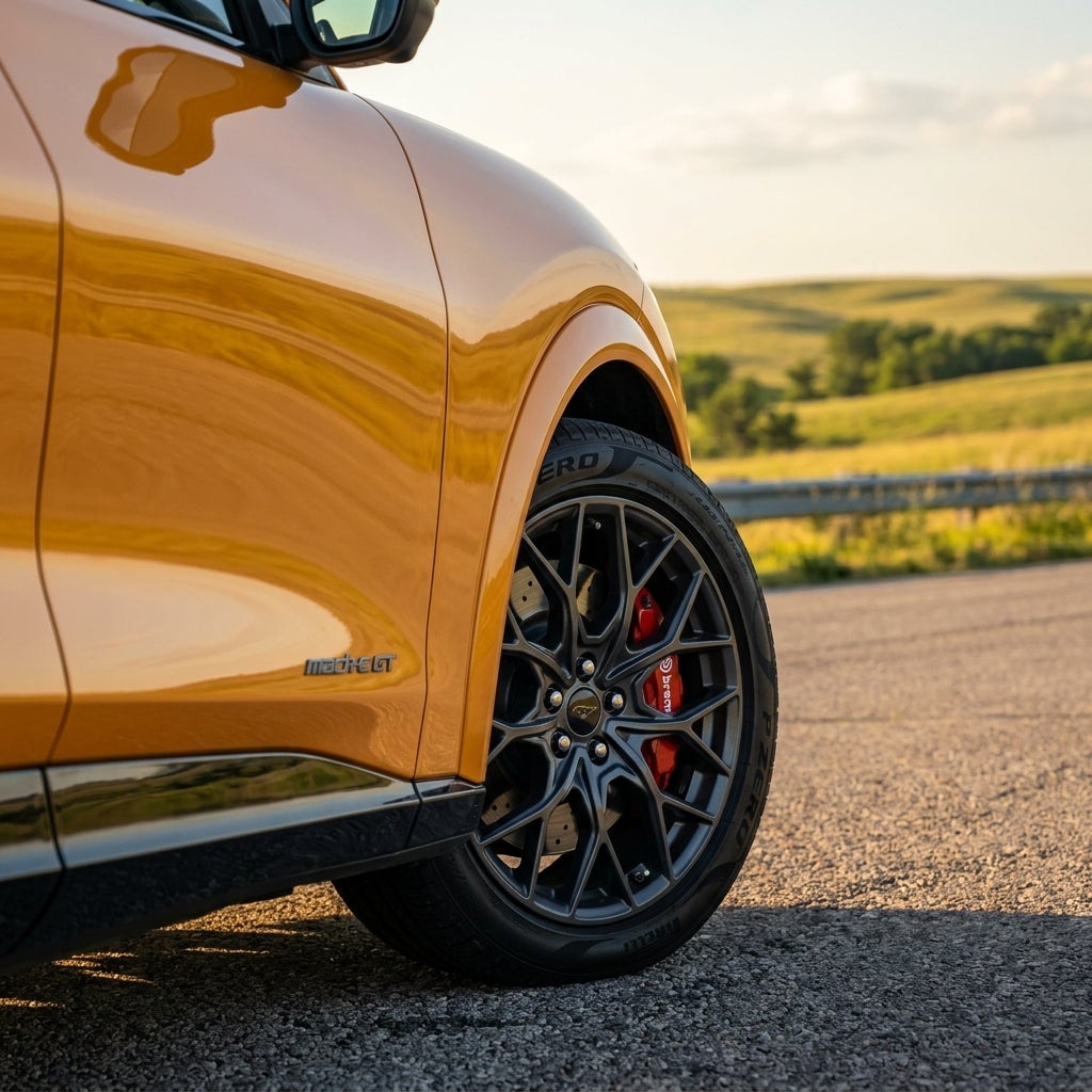Close-up of a golden Mustang Mach-E GT front wheel with dark multi-spoke rims and a red Brembo brake caliper. (Representative image for illustration purposes only. Actual vehicle may vary based on trim and configuration.)