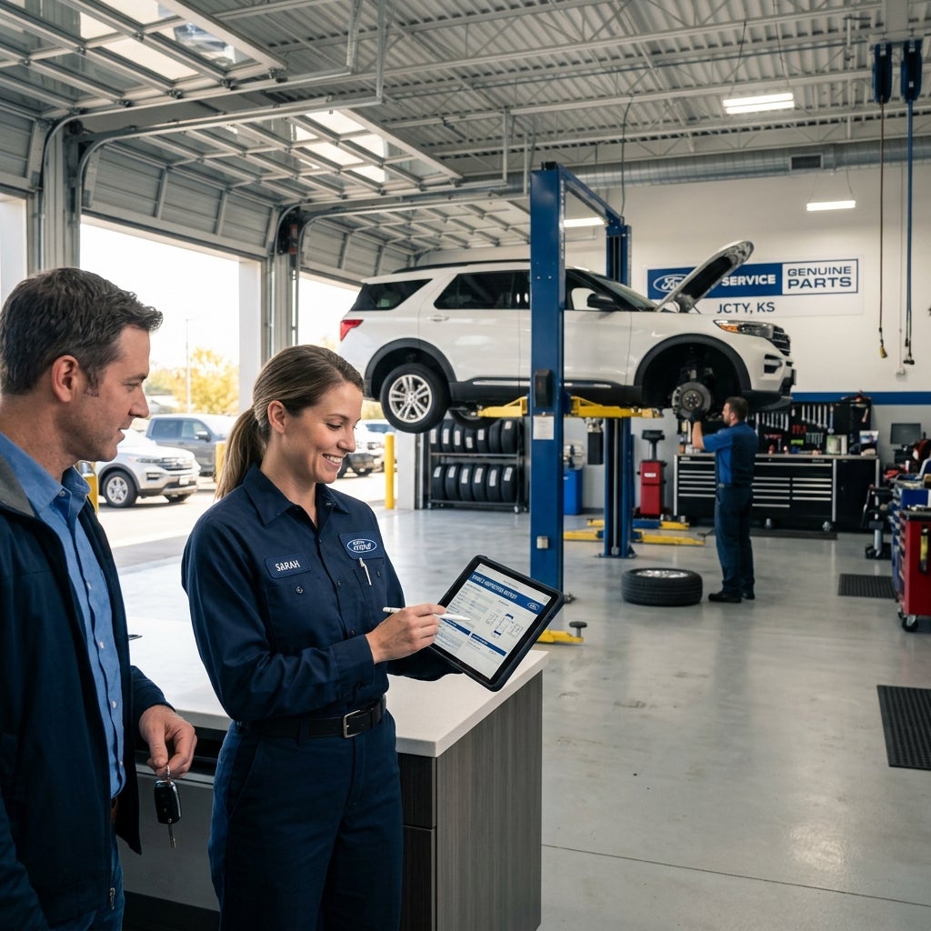 A female Ford service advisor shows a tablet to a male customer inside a bright, modern auto repair garage. (Representative image for illustration purposes only. Actual vehicle may vary based on trim and configuration.)