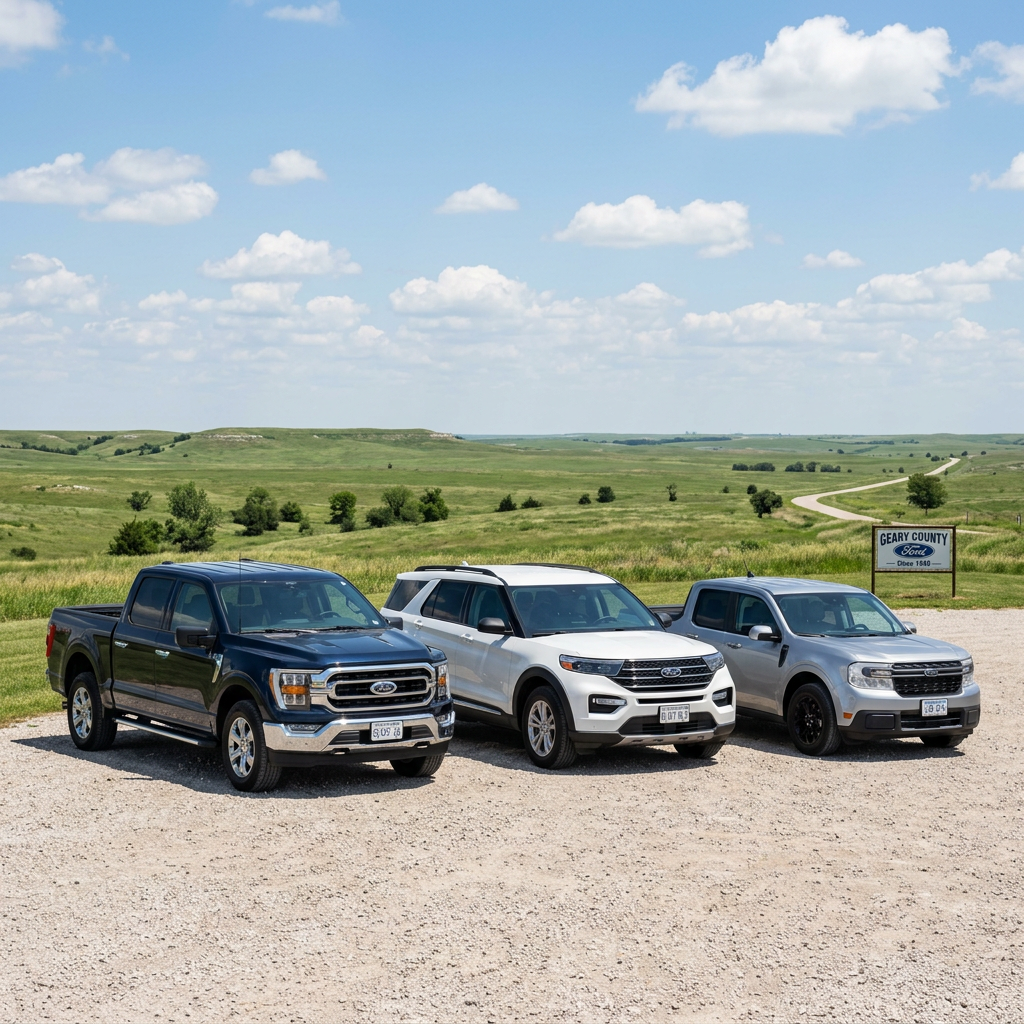 Three Ford vehicles parked in a row on gravel with rolling green hills and a blue sky in the background. (Representative image for illustration purposes only. Actual vehicle may vary based on trim and configuration.)